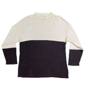 Casual Corner Sweater Women's Medium Ivory Black Knit 100% Cotton Crew Pullover